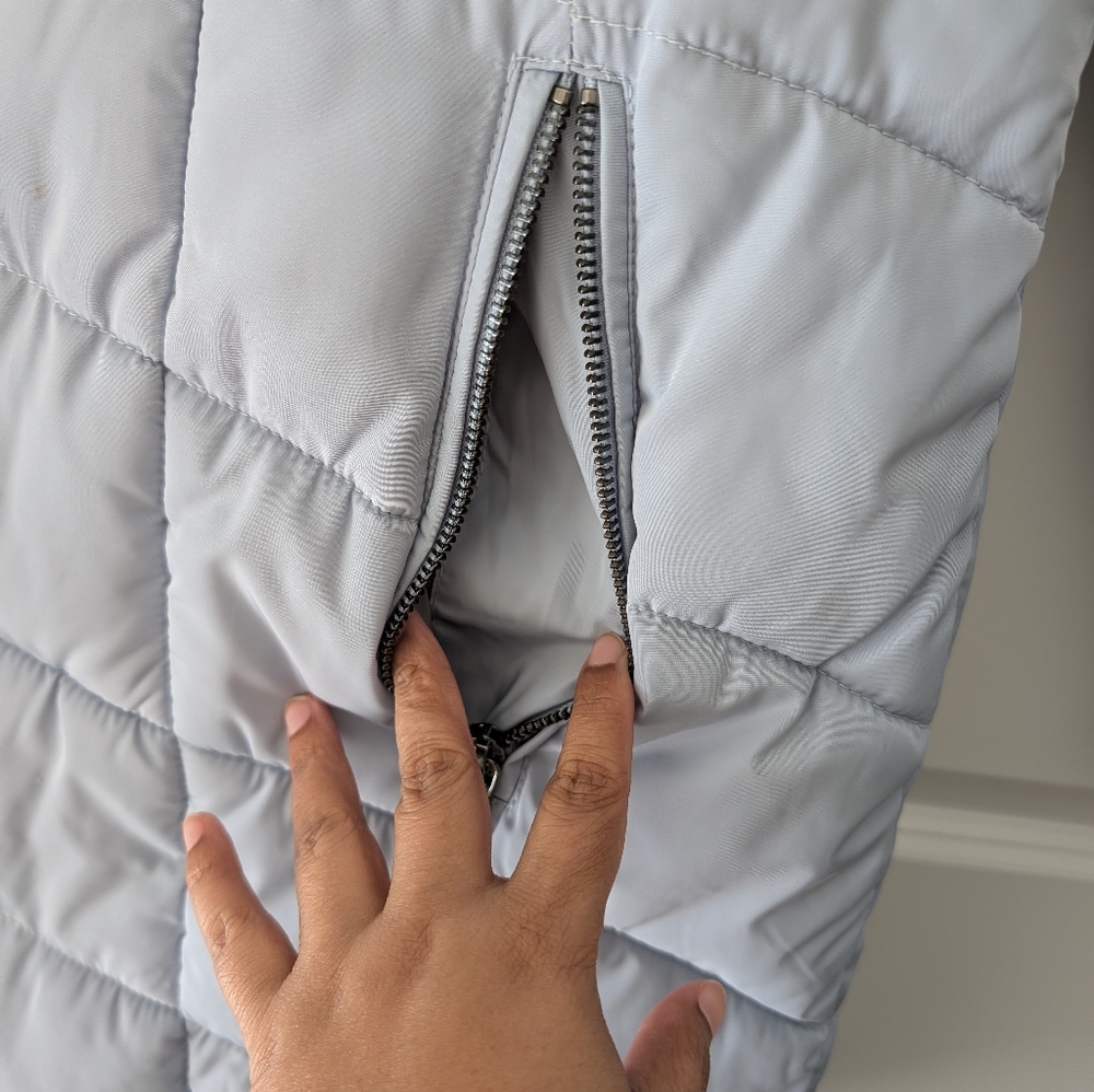Calvin Klein Light Blue Gray Quilted Puffer Coat with Faux Fur Hood - Picture 3 of 11